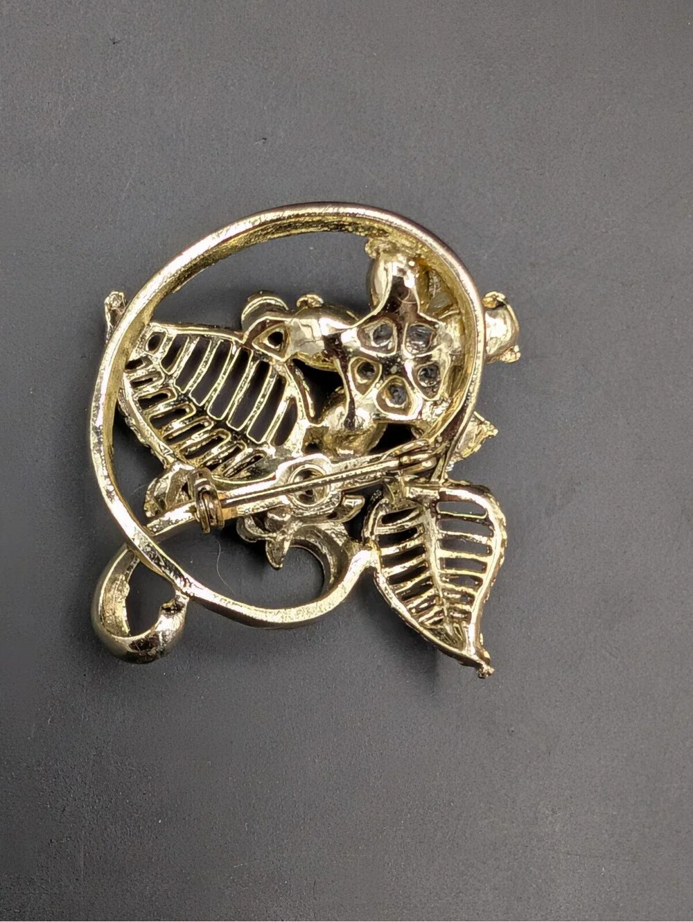 Flower Brooch Clear Rhinestone Floral Leaf Pin 1.75
